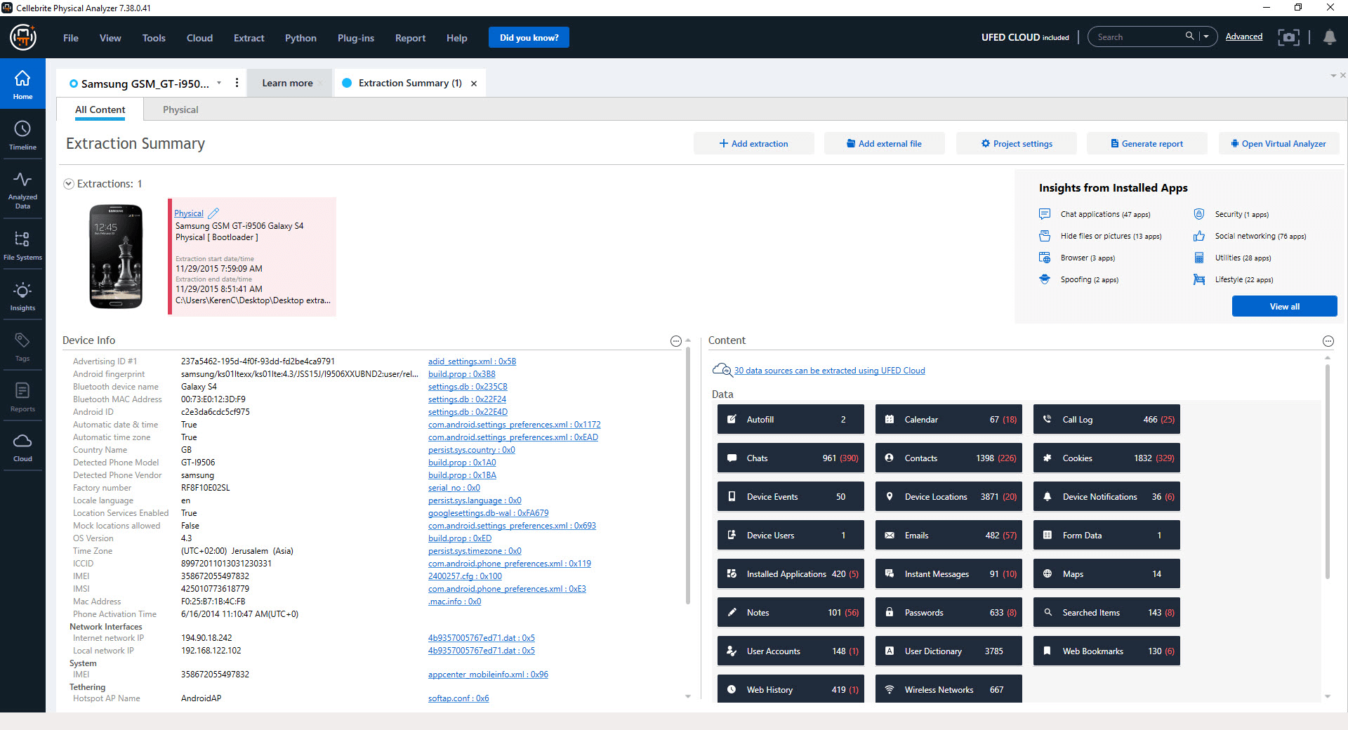 Extraction summary in Cellebrite Physical Analyzer. (Pic: Cellebrite)