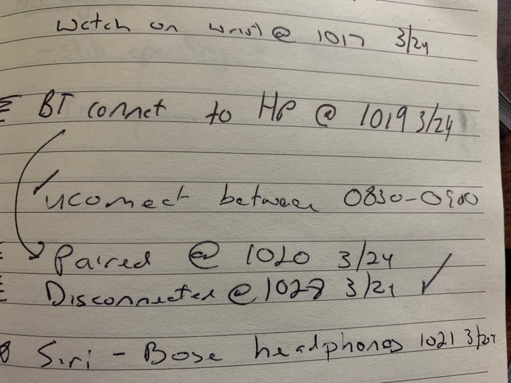 Matt's handwritten records of the computer disconnection at 10:28 AM on 3/24 coincide with the timestamp stored in the plist.



