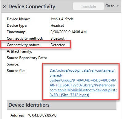 Cellebrite Physical Analyzer Detected Bluetooth from Josh’s iPhone: Examination of Bluetooth connections by police.



