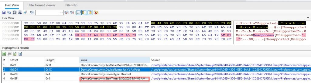 Cellebrite Physical Analyzer Hex View of com.apple.MobileBluetooth.devices.plist from Josh’s iPhone: Detailed examination of Bluetooth forensic data.



