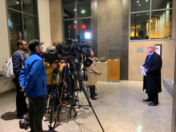 Reporters interview Captain Edwards regarding his work with the Internet Crimes Task Force on child exploitation cases.