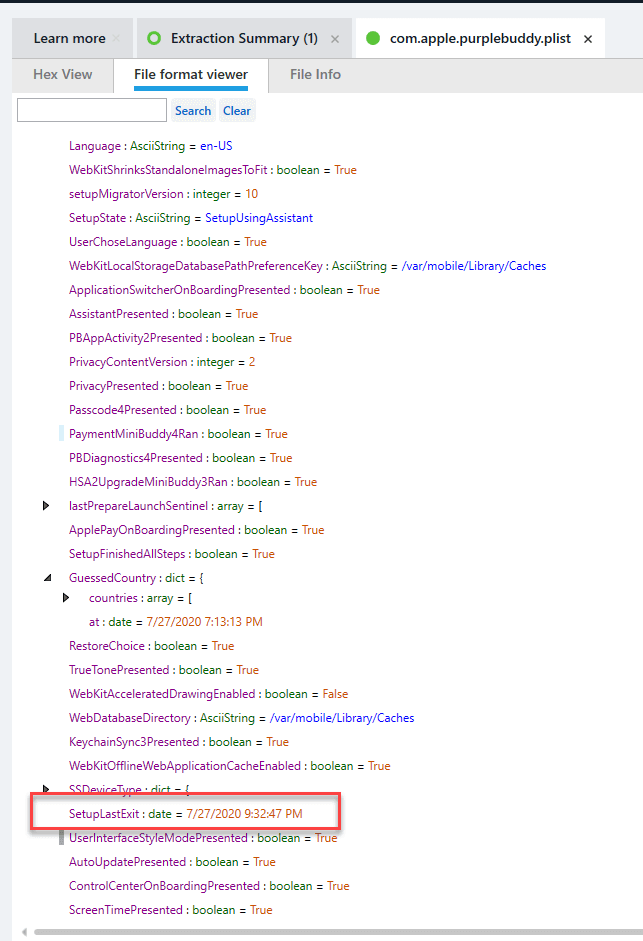 iOS artifacts: SetupLastExit event detected shortly after device wipe, indicating recent activity and potential data traces.



