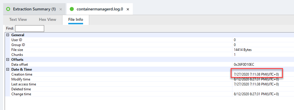 Digital forensics artifacts: Metadata analysis of containermanagerd.log.0 reveals Creation time coinciding with device wipe.



