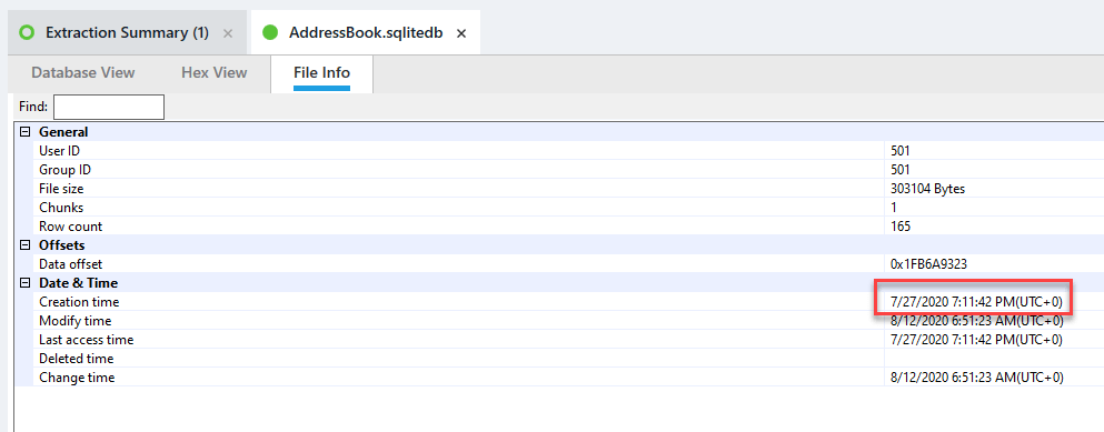 iOS Artifacts: private/var/mobile/Library/AddressBook/AddressBook.sqlitedb indicates creation on 7/27/2020 7:11PM UTC.



