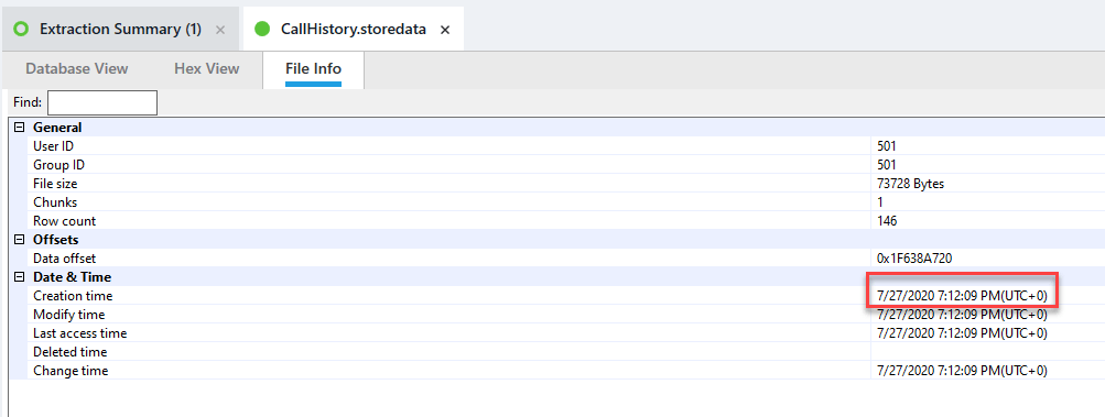 iOS Artifacts: private/var/mobile/Library/CallHistoryDB/CallHistory.storedata indicates creation on 7/27/2020 7:12PM UTC.



