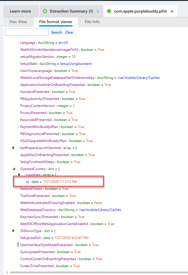 GuessedCountry timestamp highlights iOS device setup time post-wipe, a vital artifact in digital forensics analysis.



