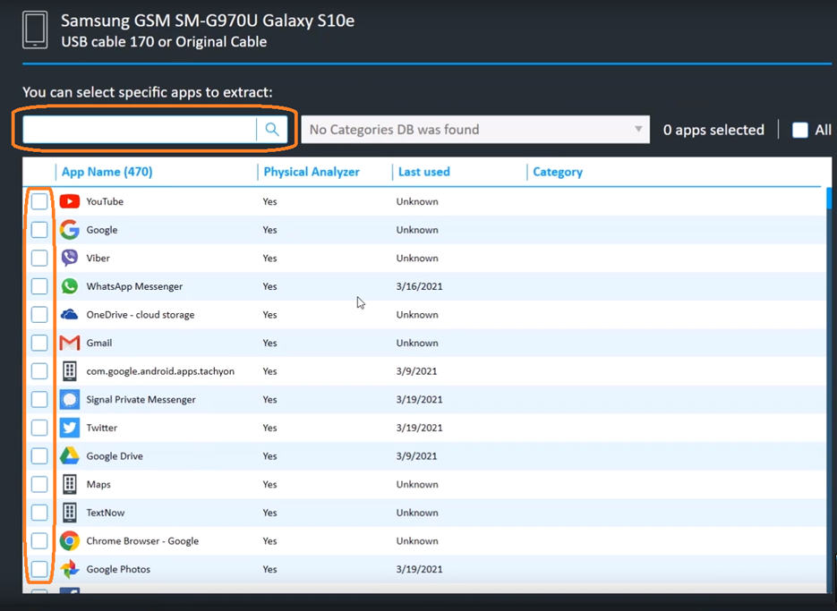Selective File System Extraction in Cellebrite UFED - Select App to Extract