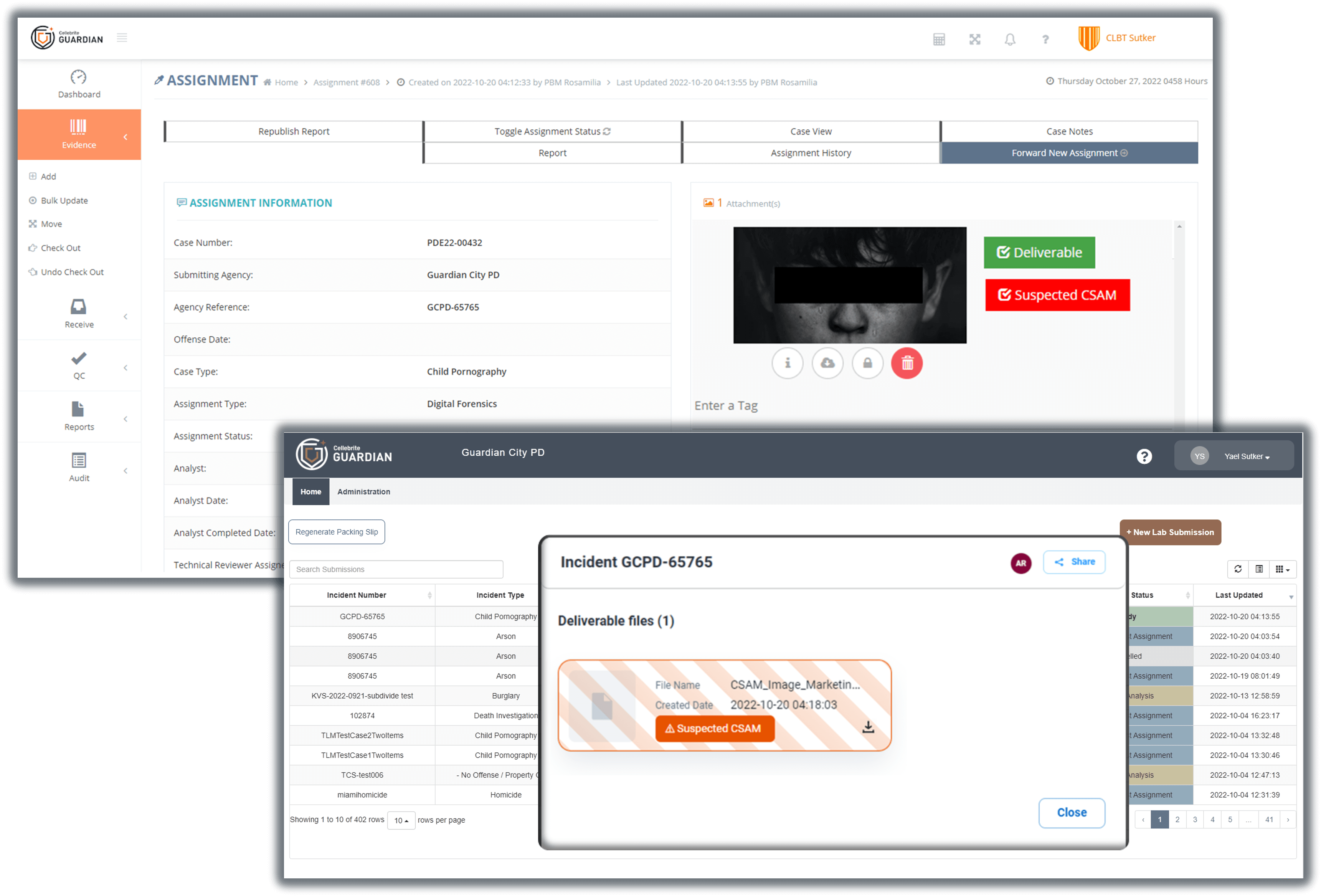 A secured repository feature designed specifically for uploading CSAM investigation material, presenting user activity logs.
