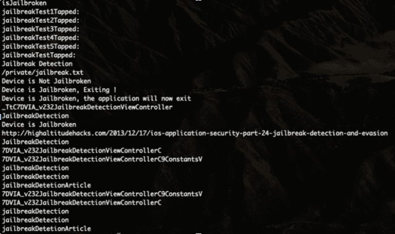 Terminal showing Frida trace identifying jailbreak-related functions, crucial for reverse engineering iOS 26 apps.