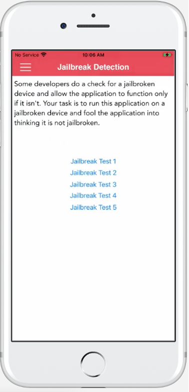 DVIA app screen with jailbreak test menu used for iPhone disassembler testing and reverse engineering workflows on iOS.