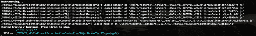  Terminal highlighting function calls for jailbreak detection in DVIA iOS app, useful for reverse engineering app behavior.