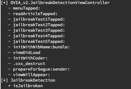 Frida script results showing JailbreakDetection methods in iOS app