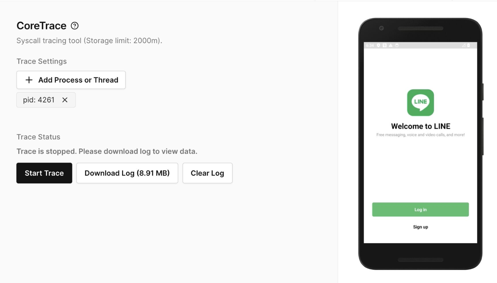 Screen shot of CoreTrace functionality with Corellium.