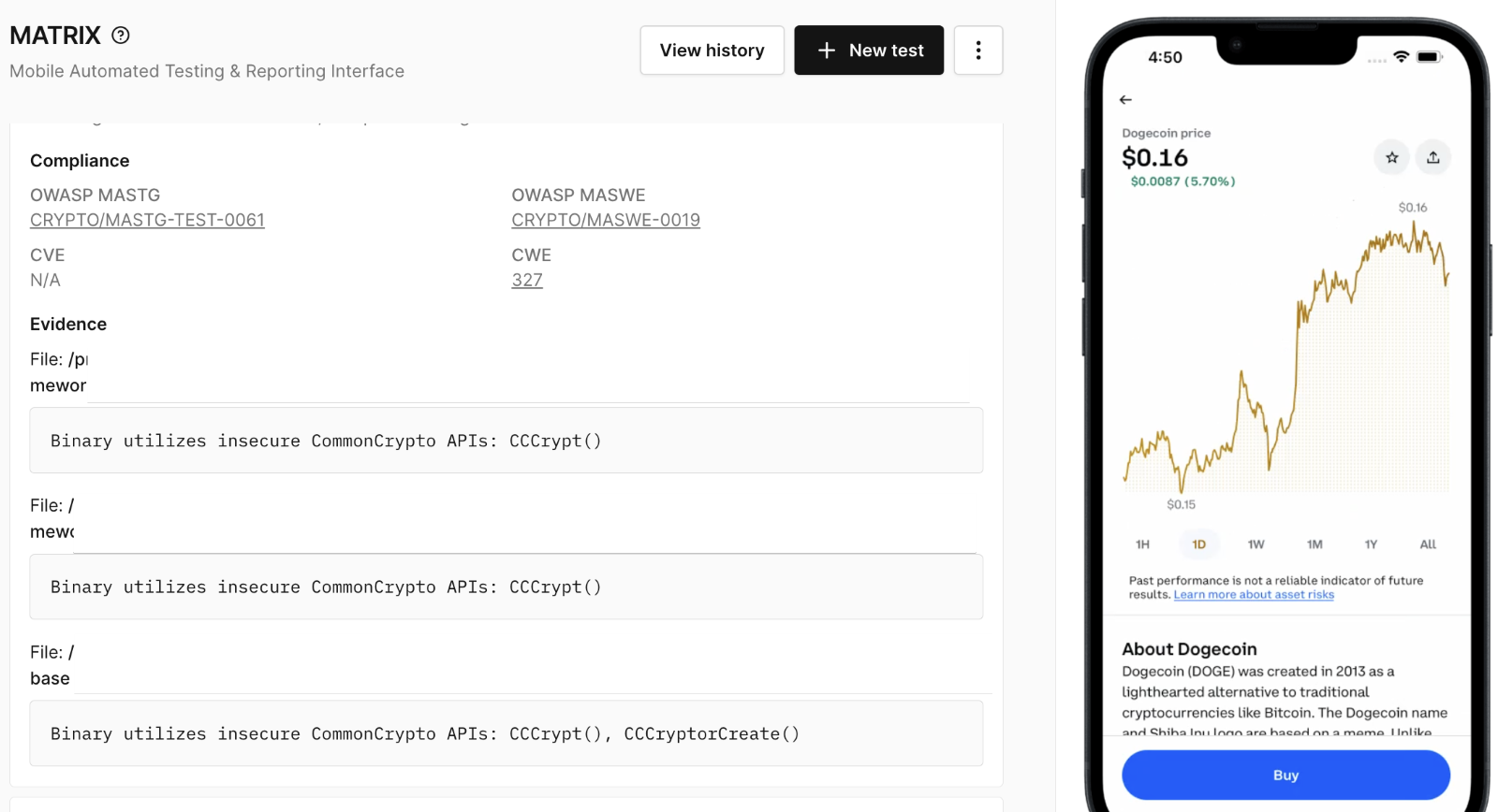 Corellium MATRIX test results showing insecure crypto APIs in mobile app next to device running Dogecoin trading app.